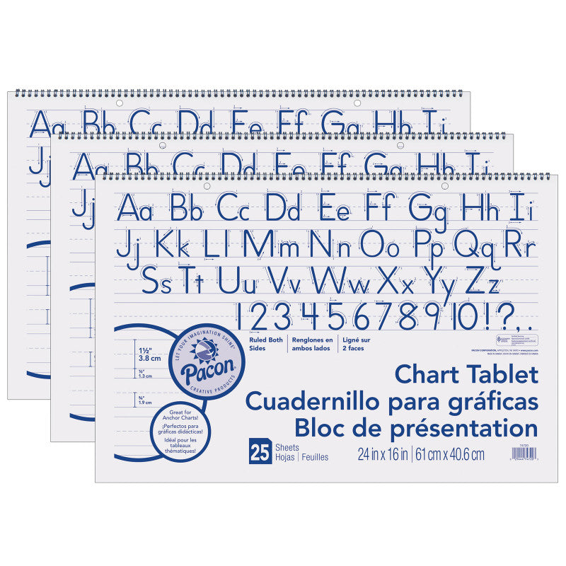 PACON - Chart Tablet, Manuscript Cover, 1-1/2" Ruled, 24" x 16", 25 Sheets, Pack of 3