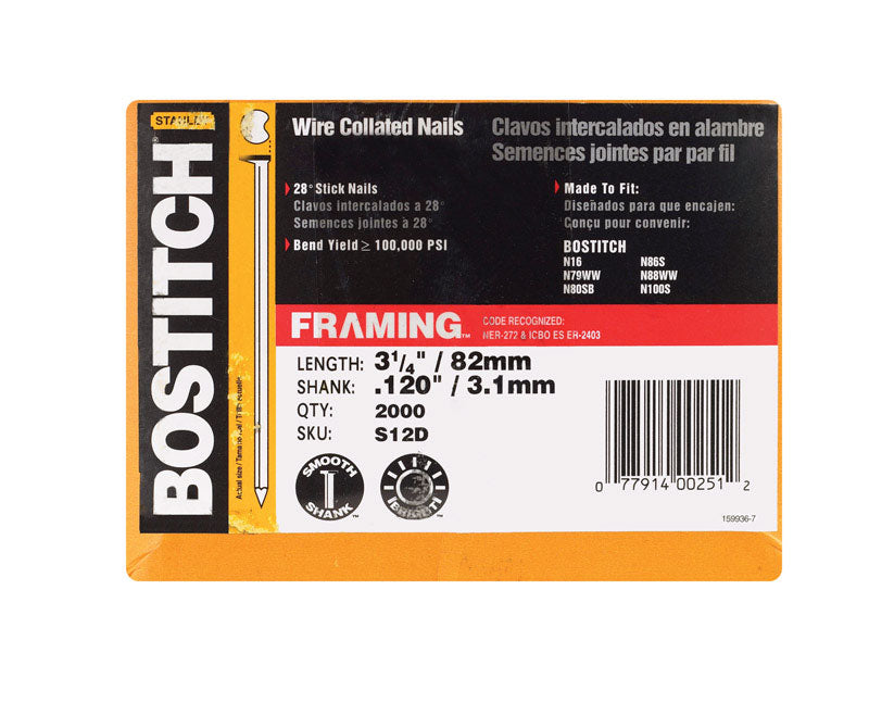 STANLEY BOSTITCH - Bostitch 3-1/4 in. Angled Strip Coated Stick Nails 28 deg 2000 pk