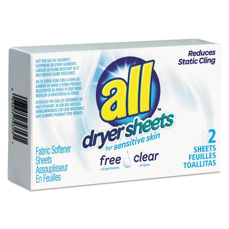 All - Free Clear Vend Pack Dryer Sheets, Fragrance Free, 2 Sheets/Box, 100 Box/Carton