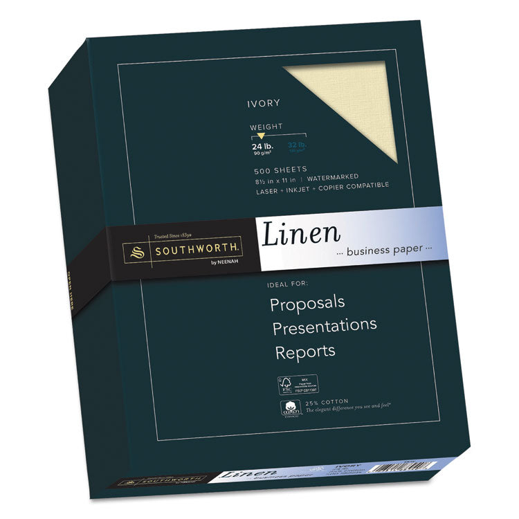 Southworth - 25% Cotton Linen Business Paper, 24 lb Bond Weight, 8.5 x 11, Ivory, 500/Ream