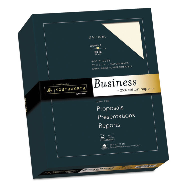 Southworth - 25% Cotton Business Paper, 24 lb Bond Weight, 8.5 x 11, Natural, 500 Sheets/Ream