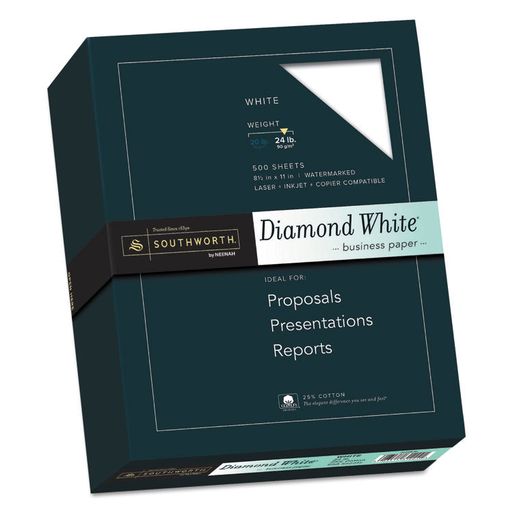 Southworth - 25% Cotton Diamond White Business Paper, 95 Bright, 24 lb Bond Weight, 8.5 x 11, 500/Ream