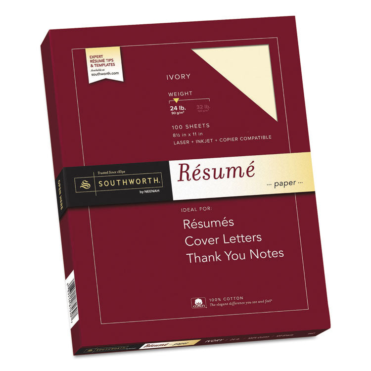 Southworth - 100% Cotton Resume Paper, 24 lb Bond Weight, 8.5 x 11, Ivory, 100/Pack