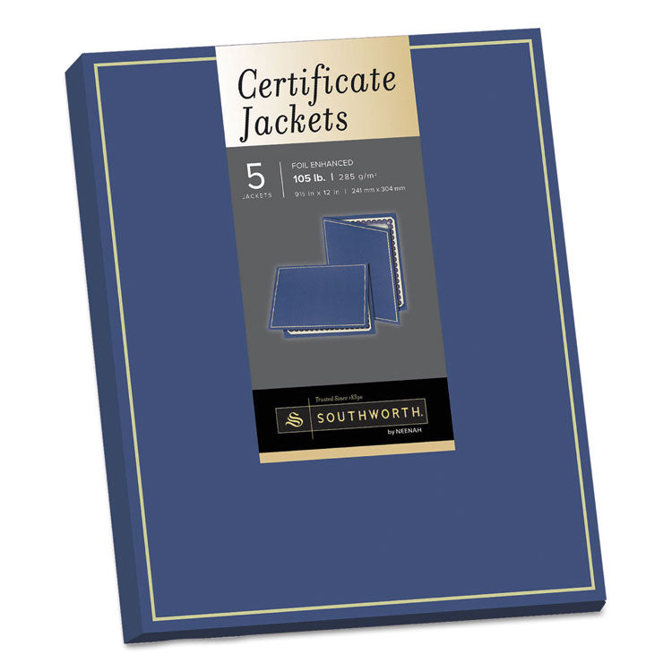 Southworth - Certificate Jacket, Navy/Gold Border, 88-lb Felt Finish Stock, 12 x 9.5, 5/Pack