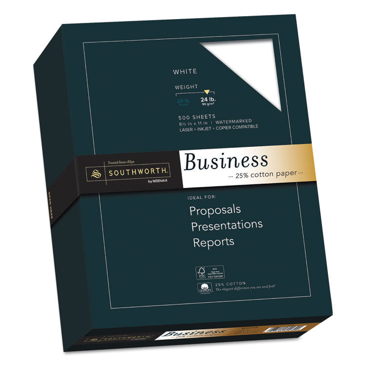 Southworth - 25% Cotton Business Paper, 95 Bright, 24 lb Bond Weight, 8.5 x 11, White, 500 Sheets/Ream