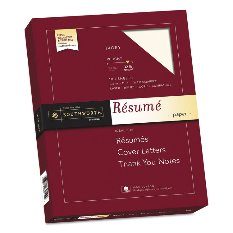 Southworth - 100% Cotton Resume Paper, 32 lb Bond Weight, 8.5 x 11, Ivory, 100/Pack