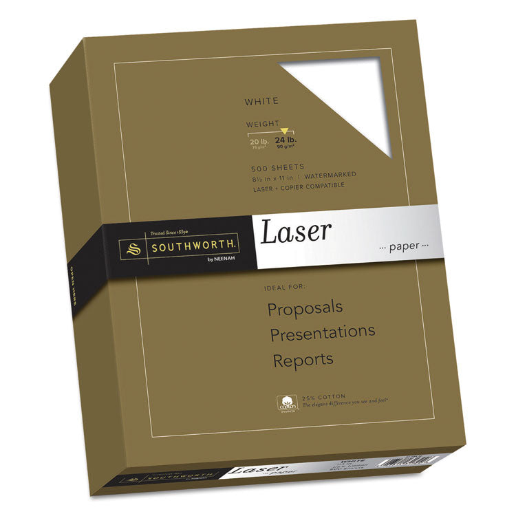 Southworth - 25% Cotton Laser Paper, 95 Bright, 24 lb Bond Weight, 8.5 x 11, White, 500/Ream