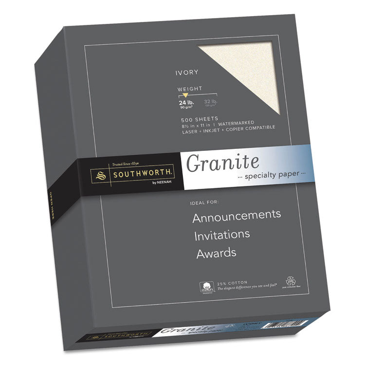 Southworth - Granite Specialty Paper, 24 lb Bond Weight, 8.5 x 11, Ivory, 500/Ream