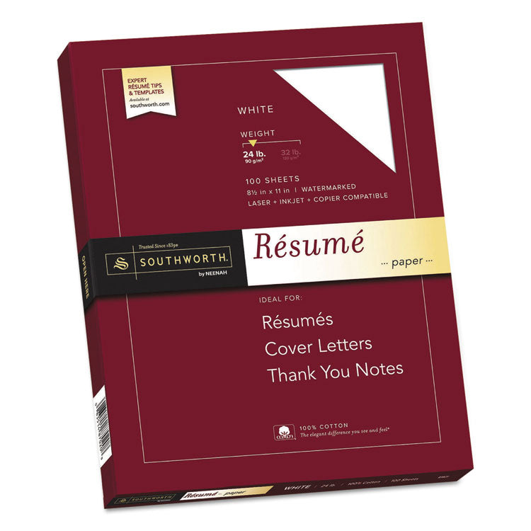 Southworth - 100% Cotton Resume Paper, 95 Bright, 24 lb Bond Weight, 8.5 x 11, White, 100/Pack