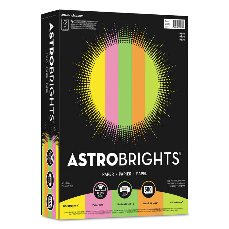 Astrobrights - Color Paper - "Neon" Assortment, 24 lb Bond Weight, 8.5 x 11, Assorted Neon Colors, 500/Ream