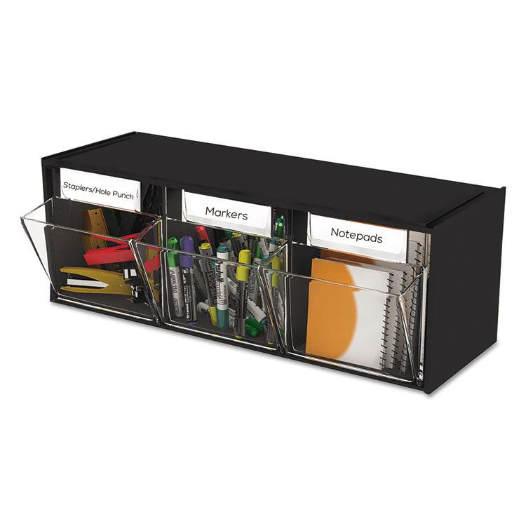 deflecto - Tilt Bin Interlocking Multi-Bin Storage Organizer, 3 Sections, 23.63" x 7.75" x 9.5", Black/Clear