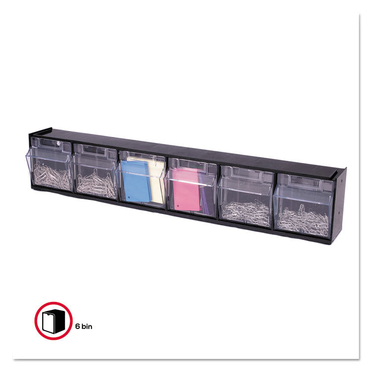 deflecto - Tilt Bin Interlocking Multi-Bin Storage Organizer, 6 Sections, 23.63" x 3.63" x 4.5", Black/Clear