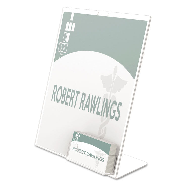 deflecto - Superior Image Slanted Sign Holder with Business Card Holder, 8.5w x 4.5d x 11h, Clear