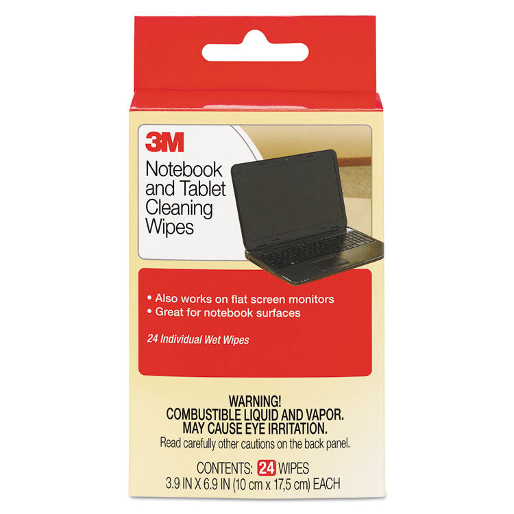 3M - Notebook Screen Cleaning Wet Wipes, Cloth, 7 x 4, White, 24/Pack