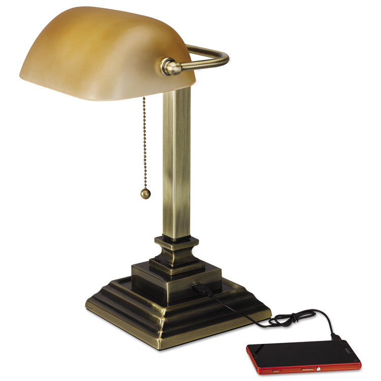 Alera - Traditional Banker's Lamp with USB, 10w x 10d x 15h, Antique Brass