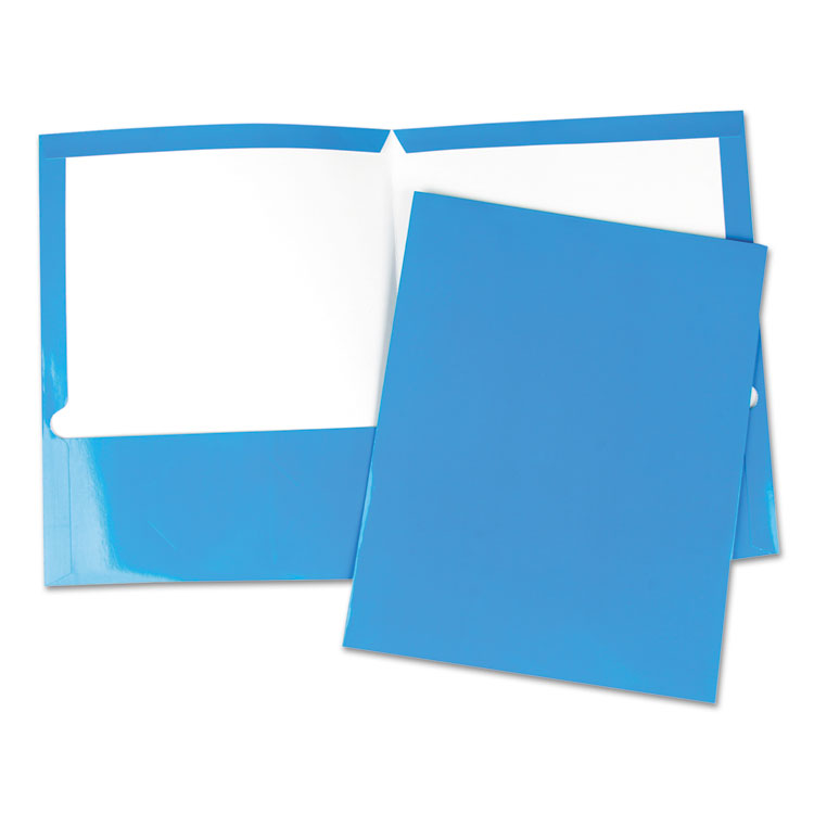 Universal - Laminated Two-Pocket Folder, Cardboard Paper, 100-Sheet Capacity, 11 x 8.5, Blue, 25/Box