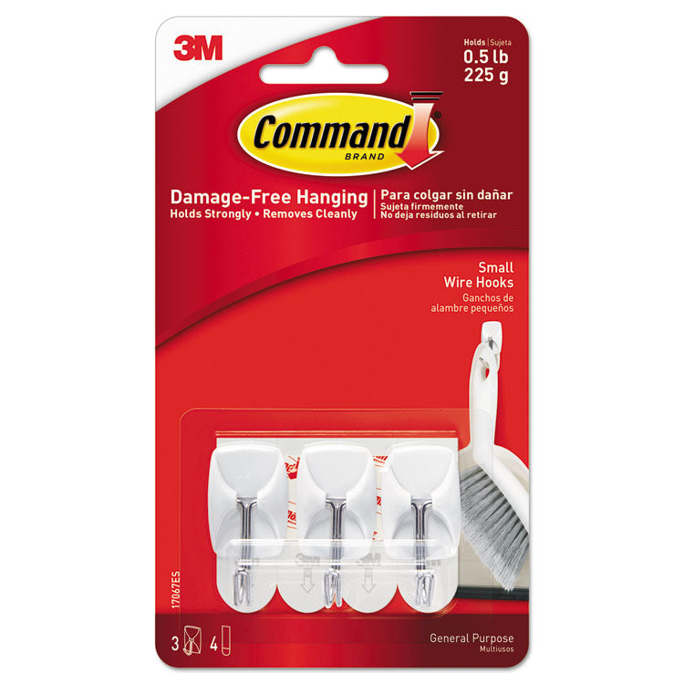 Command - General Purpose Wire Hooks, Small, 0.5 lb Cap, White, 3 Hooks and 6 Strips/Pack