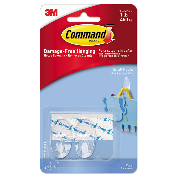 Command - Clear Hooks and Strips, Plastic, Small, 2 Hooks and 4 Strips/Pack