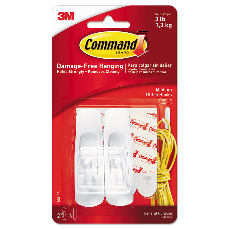 Command - General Purpose Hooks, Medium, 3 lb Cap, White, 2 Hooks and 4 Strips/Pack