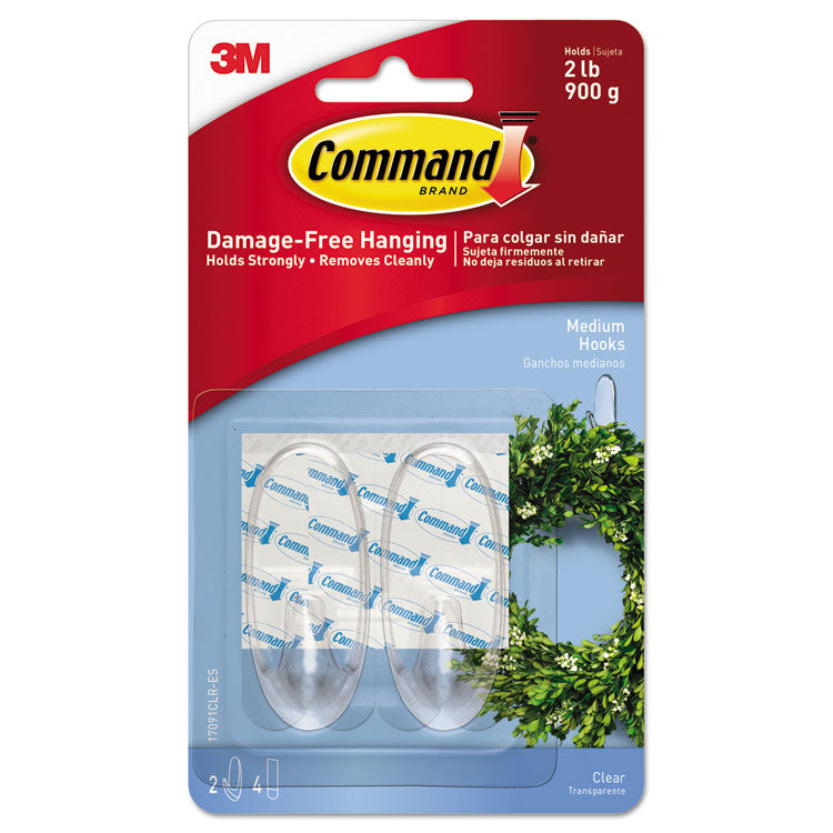 Command - Clear Hooks and Strips, Plastic, Medium, 2 Hooks and 4 Strips/Pack