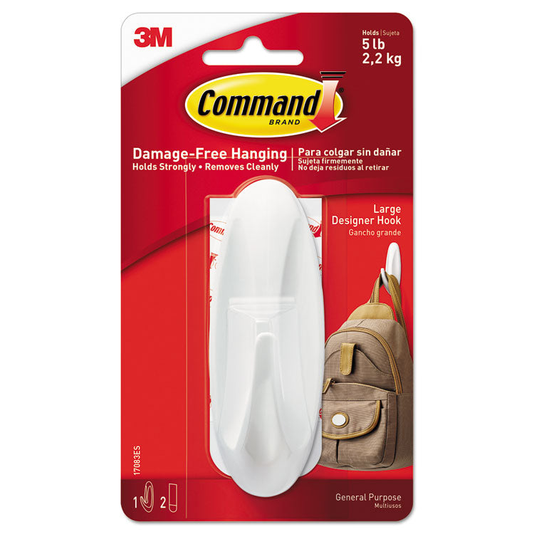 Command - General Purpose Hooks, Large, 5 lb Cap, White, 1 Hook and 2 Strips/Pack (9341942)