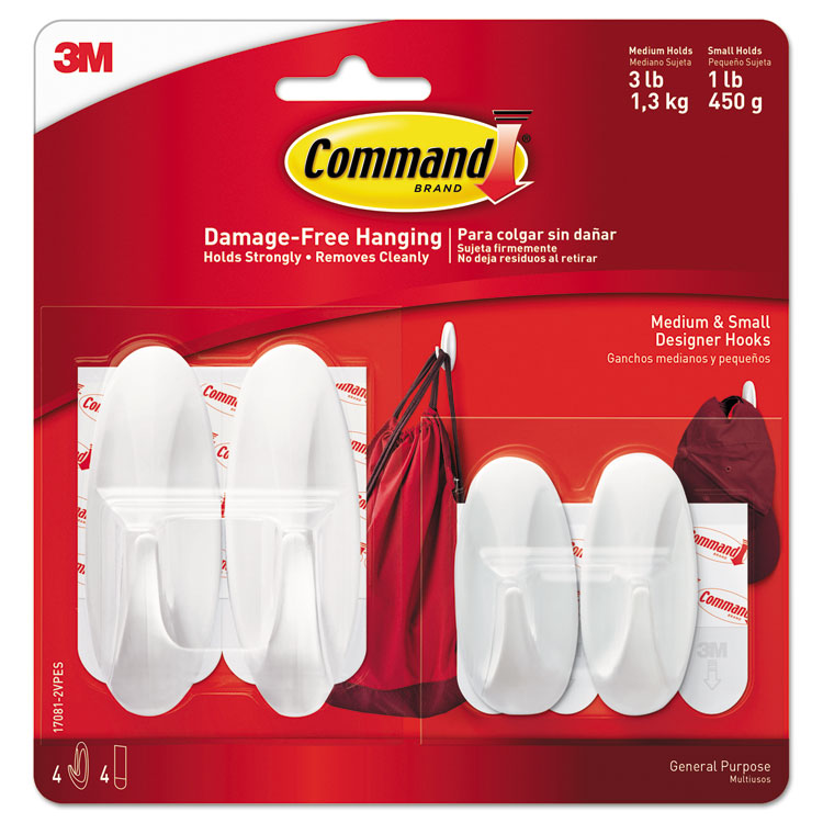 Command - General Purpose Designer Hooks, Small/Medium, 3 lb Cap, White, 4 Hooks and 4 Strips/Pack