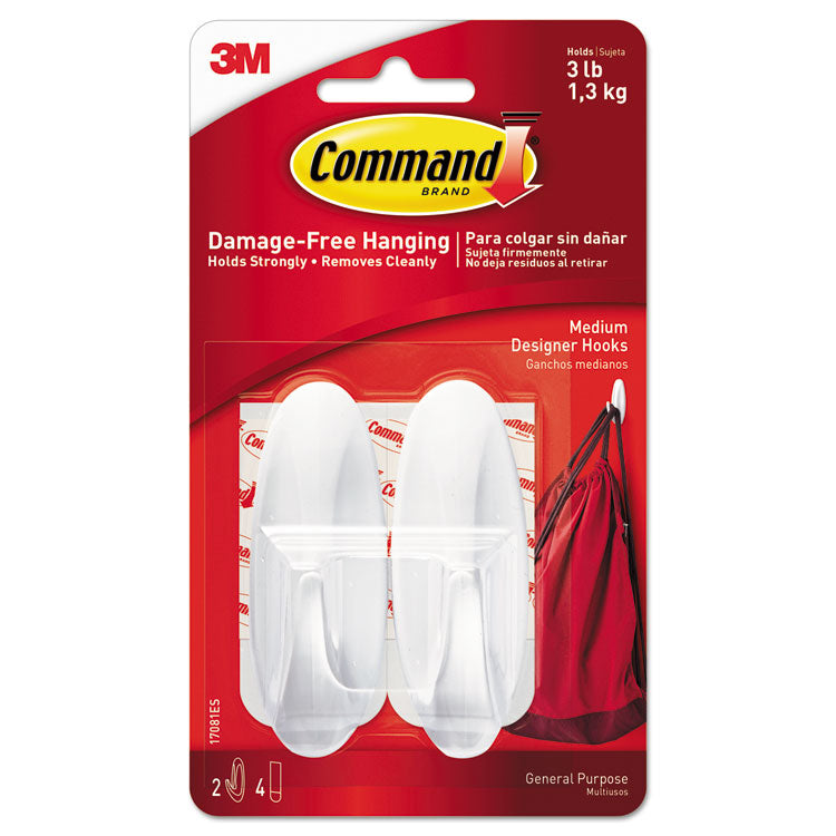 Command - General Purpose Designer Hooks, Medium, 3 lb Cap, White, 2 Hooks and 4 Strips/Pack