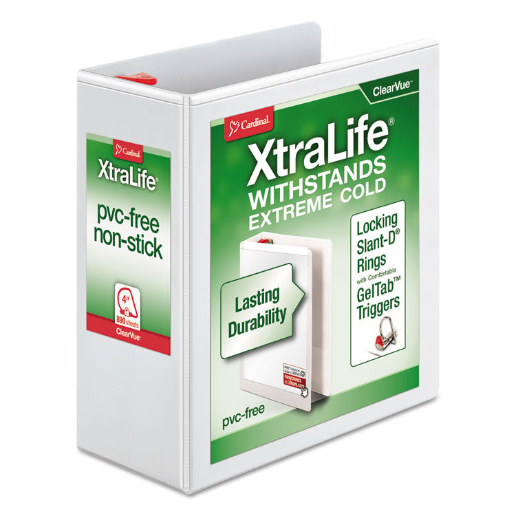 Cardinal - XtraLife ClearVue Non-Stick Locking Slant-D Ring Binder, 3 Rings, 4" Capacity, 11 x 8.5, White