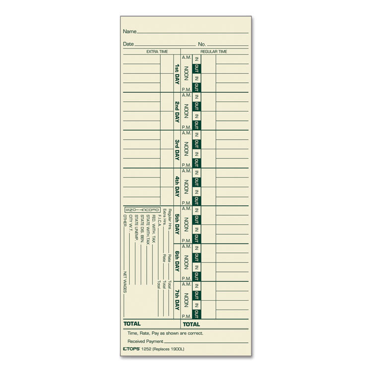 TOPS - Time Clock Cards, Replacement for 1900L, One Side, 3.5 x 9, 500/Box