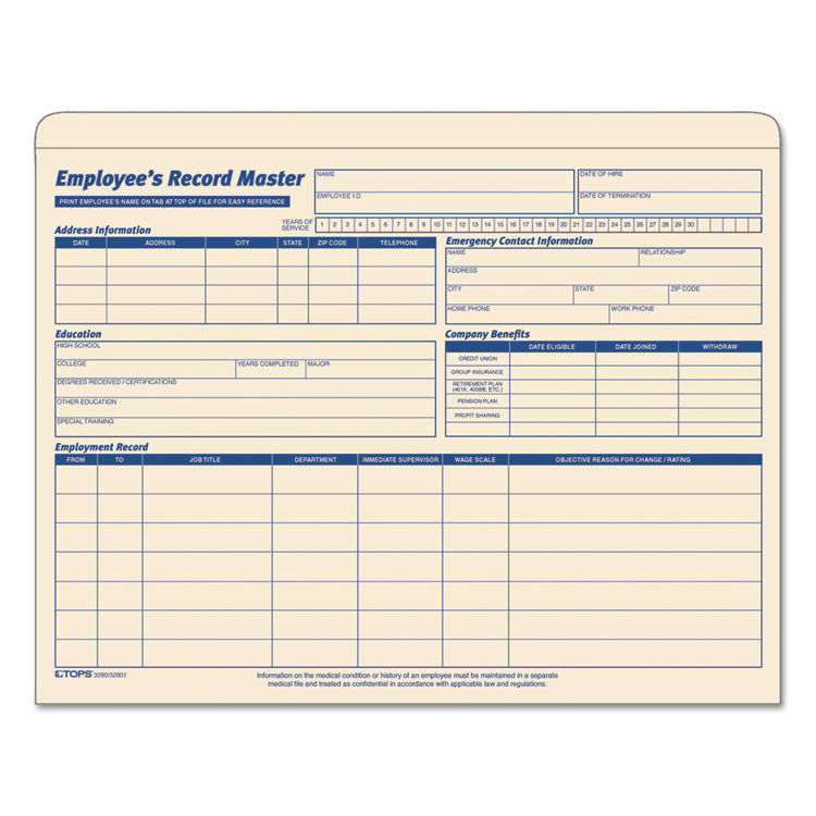 TOPS - Employee Record Master File Jacket, Straight Tab, Letter Size, Manila, 20/Pack