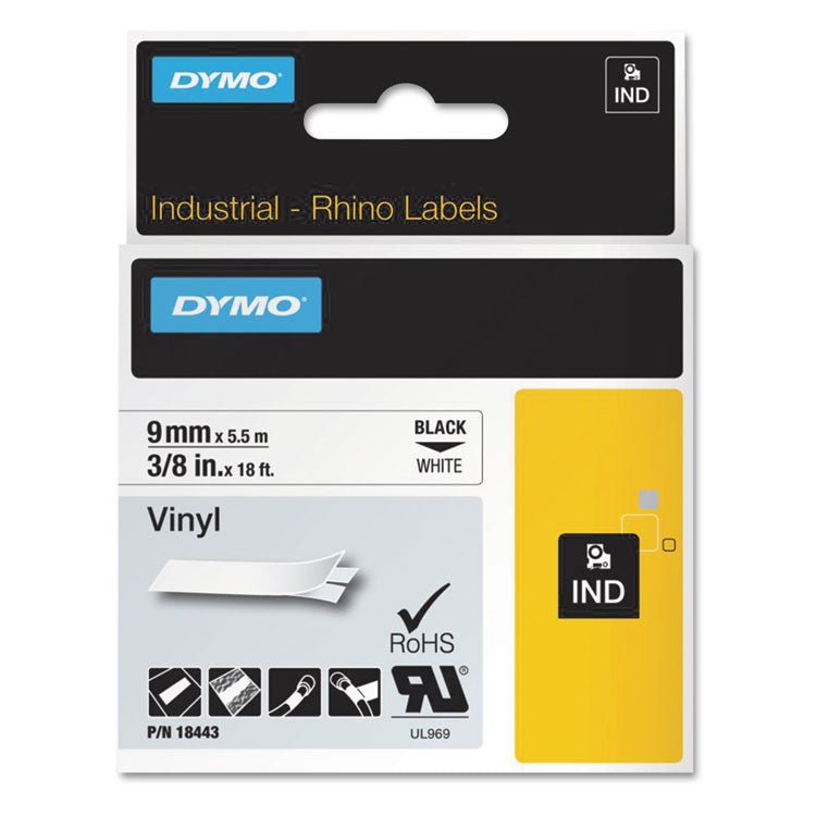 DYMO - Rhino Permanent Vinyl Industrial Label Tape, 0.37" x 18 ft, White/Black Print