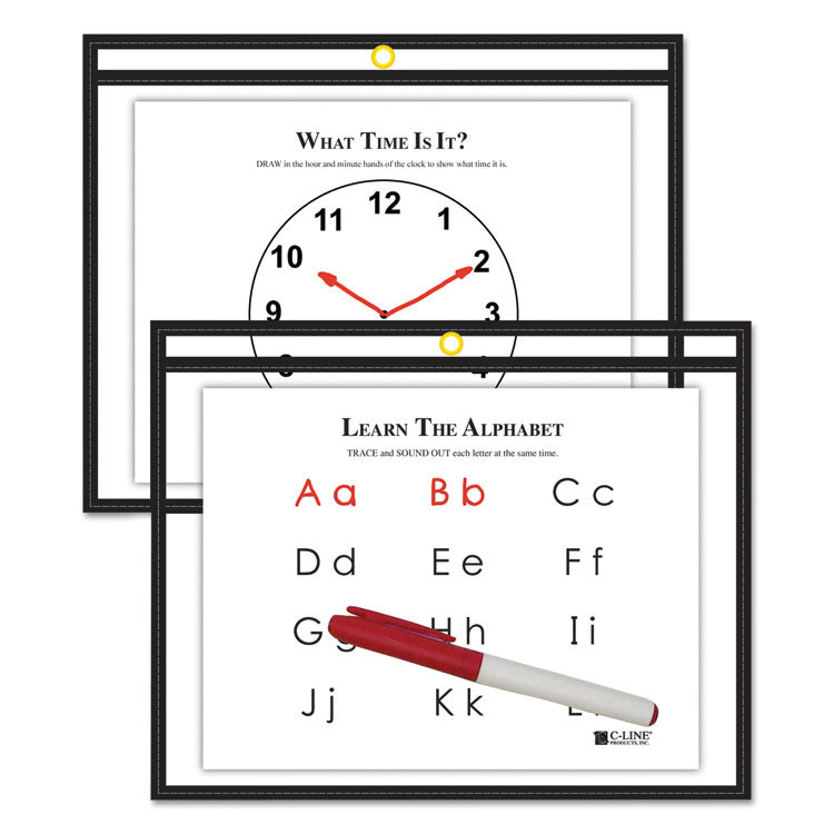 C-Line - Reusable Dry Erase Pockets, 12 x 9, Black