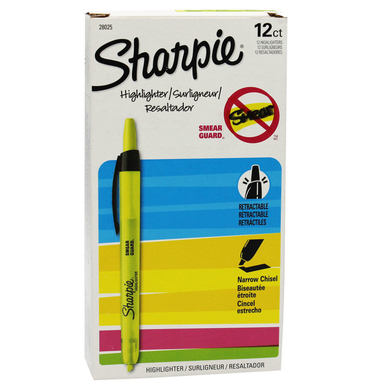 SHARPIE - Retractable Highlighters, Yellow, Box of 12