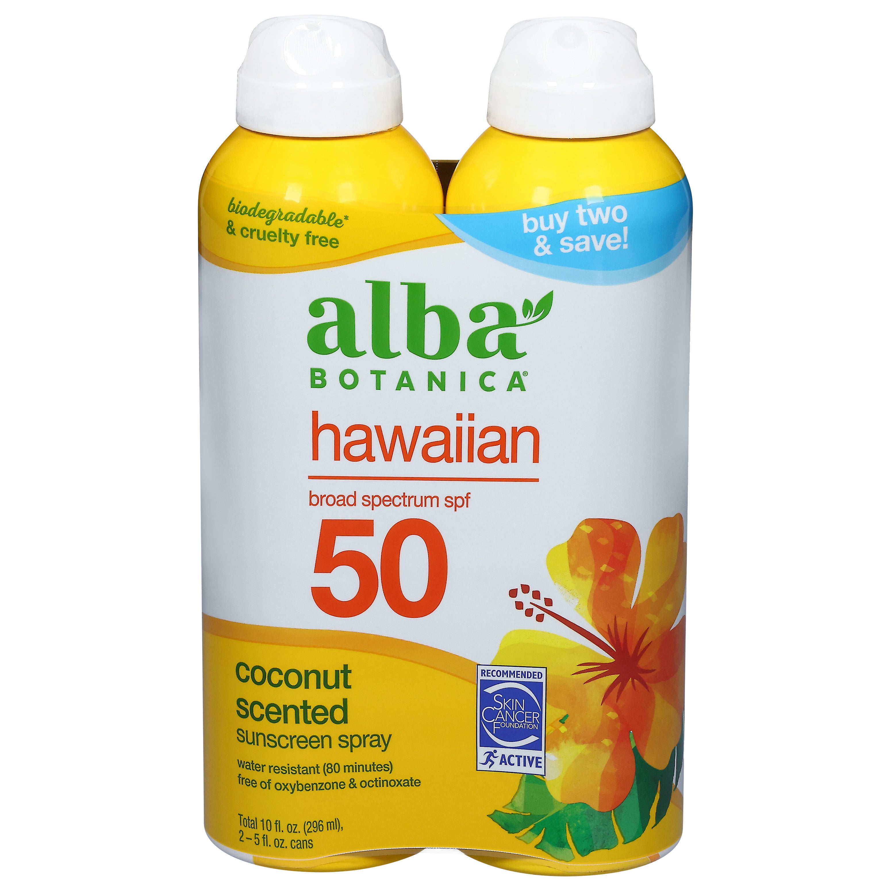 Alba Botanica Hawaiian SPF 50 Coconut Scented Sunscreen Spray 2 - 5 fl oz Cans - Case of 3