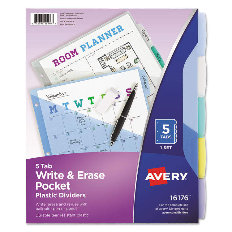 Avery - Write and Erase Durable Plastic Dividers with Pocket, 3-Hold Punched, 5-Tab, 11.13 x 9.25, Assorted, 1 Set