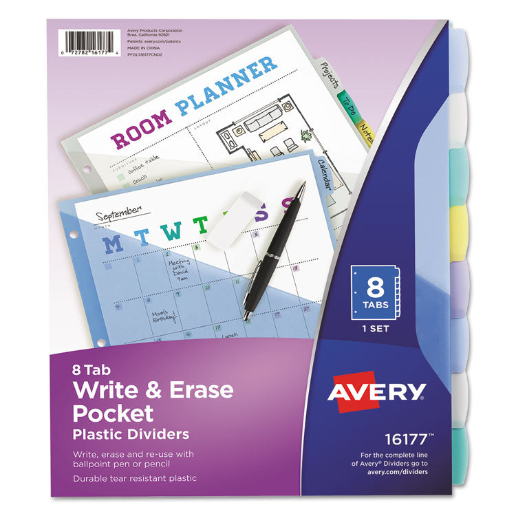 Avery - Write and Erase Durable Plastic Dividers with Pocket, 3-Hold Punched, 8-Tab, 11.13 x 9.25, Assorted, 1 Set