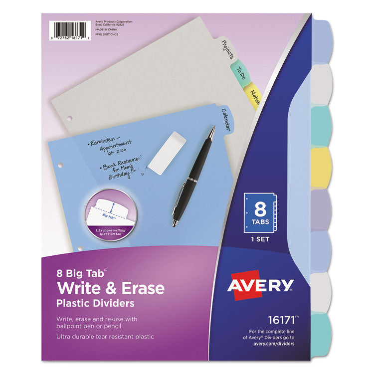 Avery - Write and Erase Big Tab Durable Plastic Dividers, 3-Hold Punched, 8-Tab, 11 x 8.5, Assorted, 1 Set