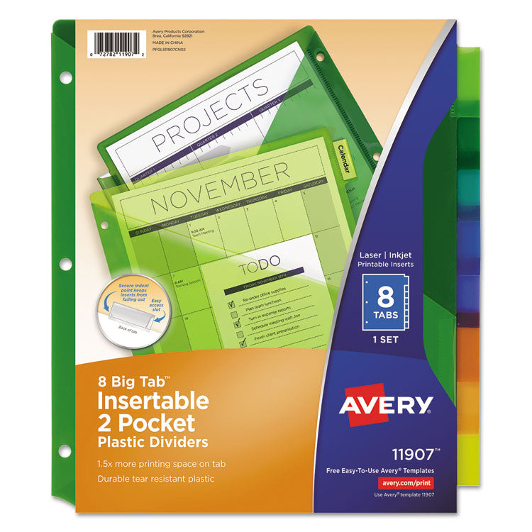 Avery - Insertable Big Tab Plastic 2-Pocket Dividers, 8-Tab, 11.13 x 9.25, Assorted, 1 Set