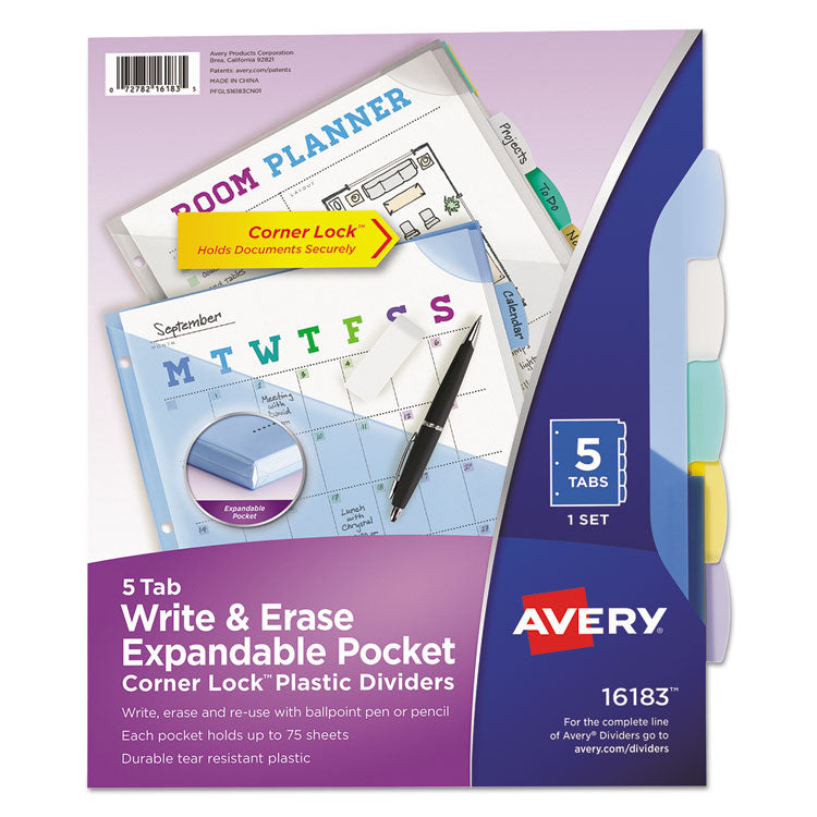 Avery - Write and Erase Big Tab Durable Plastic Dividers, 3-Hold Punched, 5-Tab, 11 x 8.5, Assorted, 1 Set (9168584)