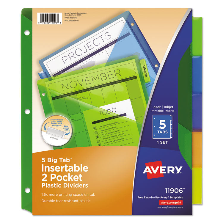 Avery - Insertable Big Tab Plastic 2-Pocket Dividers, 5-Tab, 11.13 x 9.25, Assorted, 1 Set