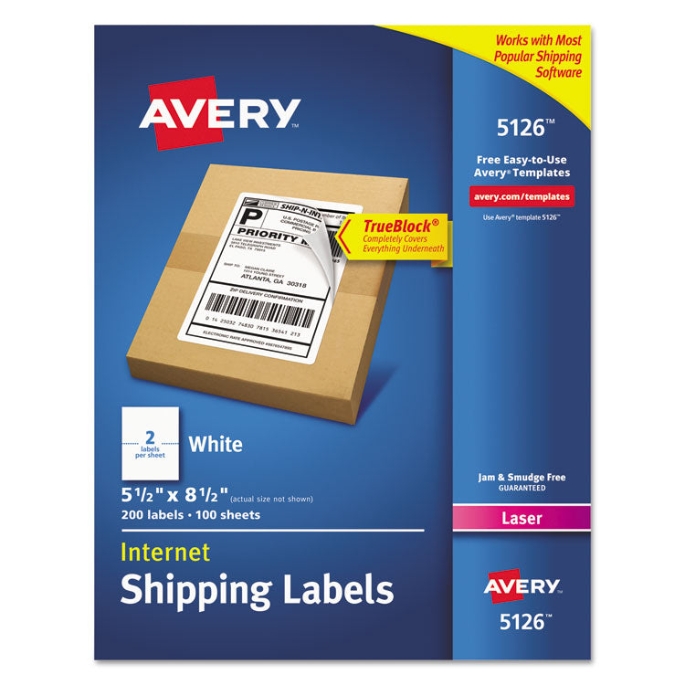 Avery - Shipping Labels w/ TrueBlock Technology, Laser Printers, 5.5 x 8.5, White, 2/Sheet, 100 Sheets/Box