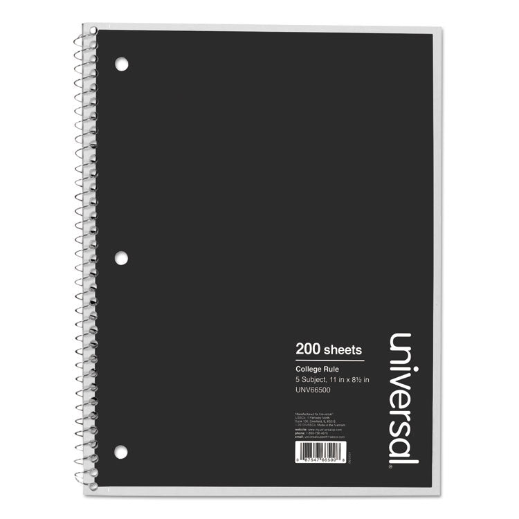 Universal - Wirebound Notebook, 5-Subject, Medium/College Rule, Black Cover, (200) 11 x 8.5 Sheets