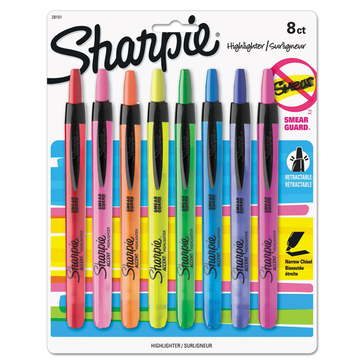 Sharpie - Retractable Highlighters with Storage Pouch, Assorted Ink Colors, Chisel Tip, Assorted Barrel Colors, 8/Set