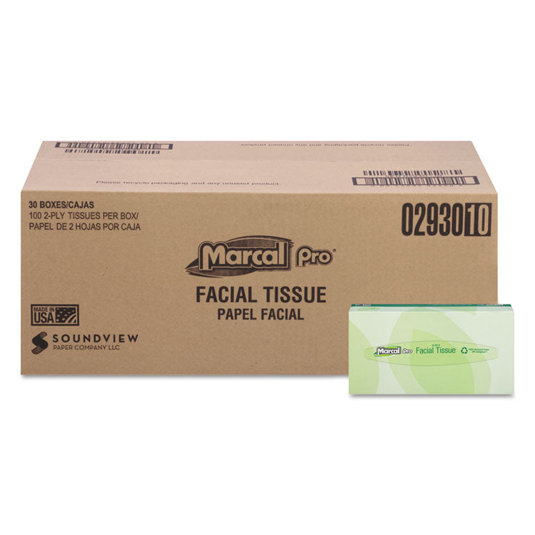 Marcal PRO - 100% Recycled Convenience Pack Facial Tissue, Septic Safe, 2-Ply, White, 100 Sheets/Box, 30 Boxes/Carton