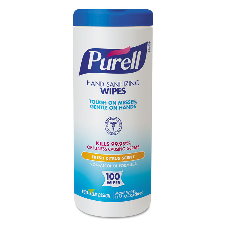 PURELL - Premoistened Hand Sanitizing Wipes, Cloth, 5.75 x 7, Fresh Citrus, White, 100/Canister