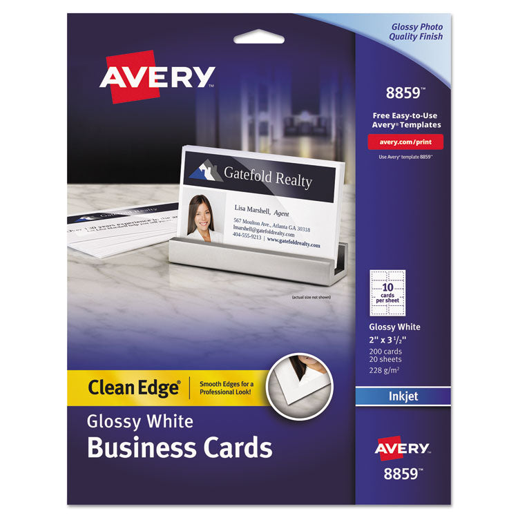 Avery - True Print Clean Edge Business Cards, Inkjet, 2 x 3.5, Glossy White, 200 Cards, 10 Cards Sheet, 20 Sheets/Pack