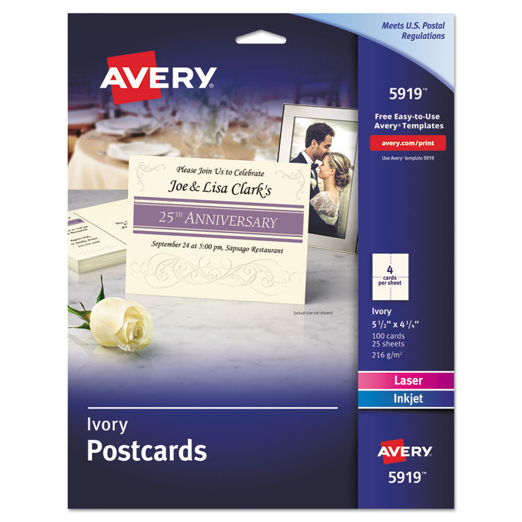 Avery - Printable Postcards, Inkjet/Laser, 74 lb, 4.25 x 5.5, Ivory, 100 Cards, 4 Cards/Sheet, 25 Sheets/Box