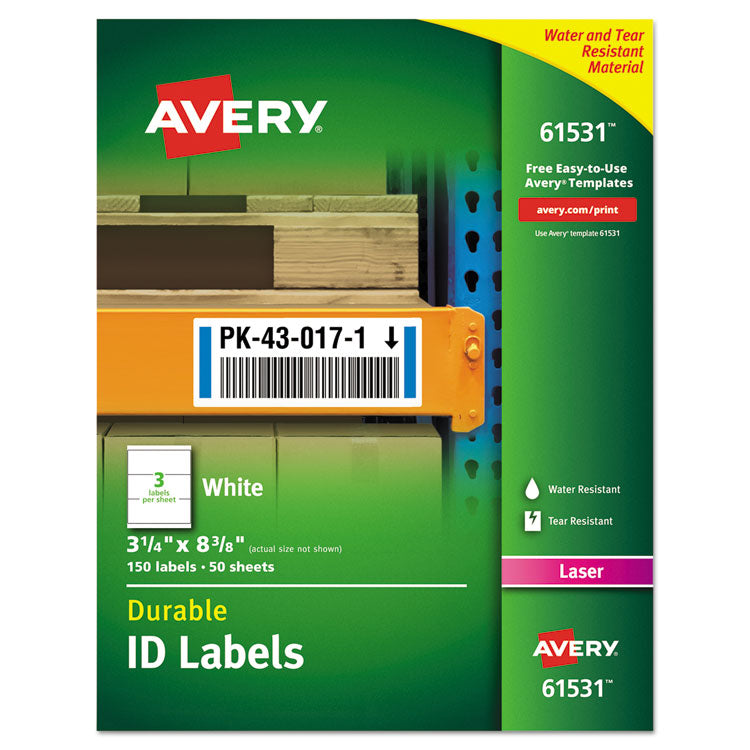 Avery - Durable Permanent ID Labels with TrueBlock Technology, Laser Printers, 3.25 x 8.38, White, 3/Sheet, 50 Sheets/Pack