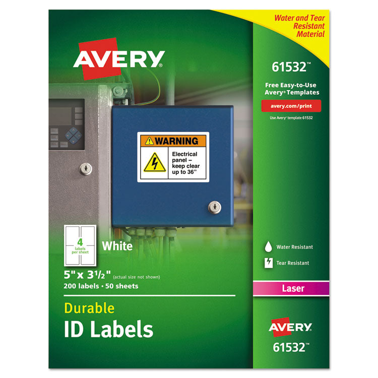 Avery - Durable Permanent ID Labels with TrueBlock Technology, Laser Printers, 3.5 x 5, White, 4/Sheet, 50 Sheets/Pack