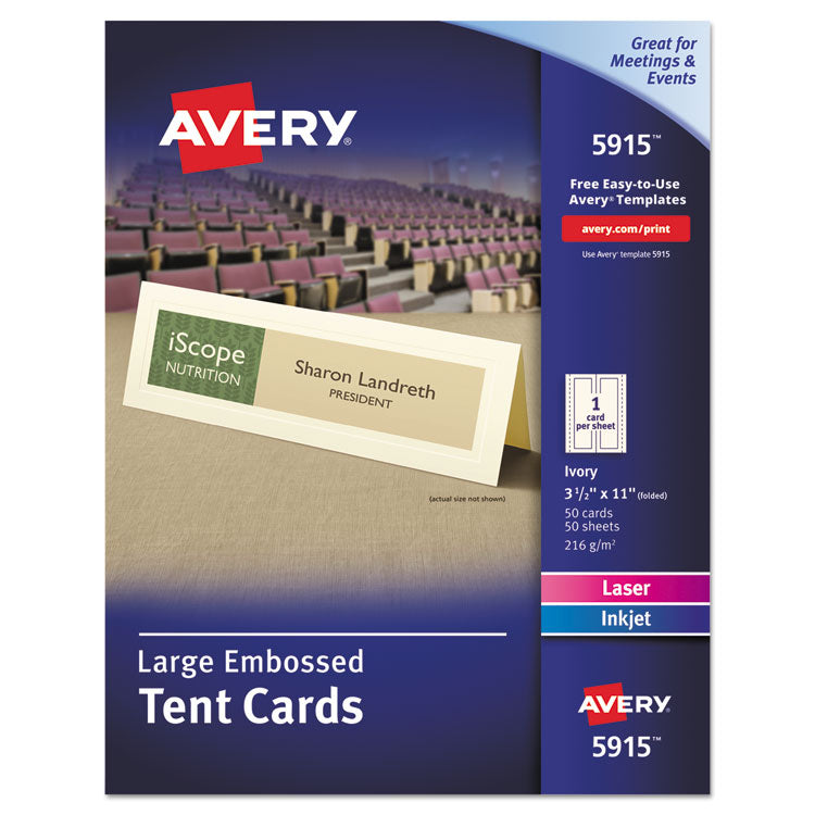 Avery - Large Embossed Tent Card, Ivory, 3.5 x 11, 1 Card/Sheet, 50 Sheets/Pack